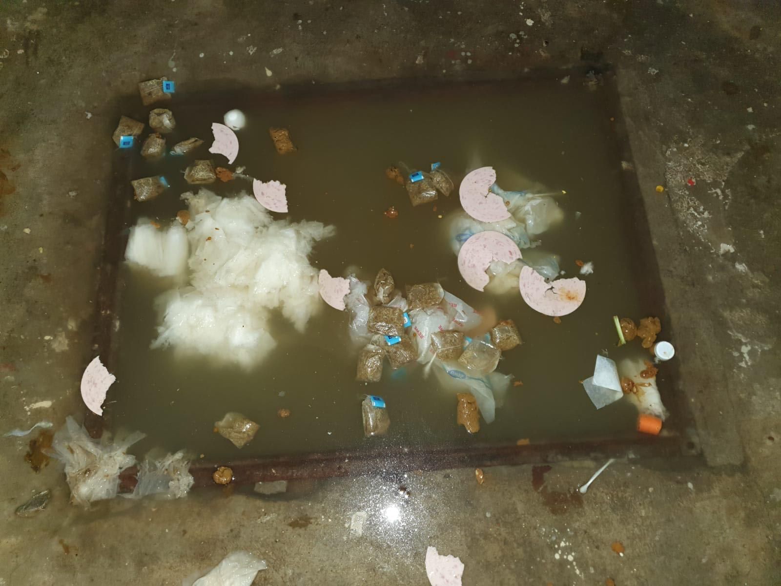 Verstopfter Übergabeschacht im Keller. Schacht voll mit Fäkalien, feuchtem Toilettenpapier und Hausmüll.