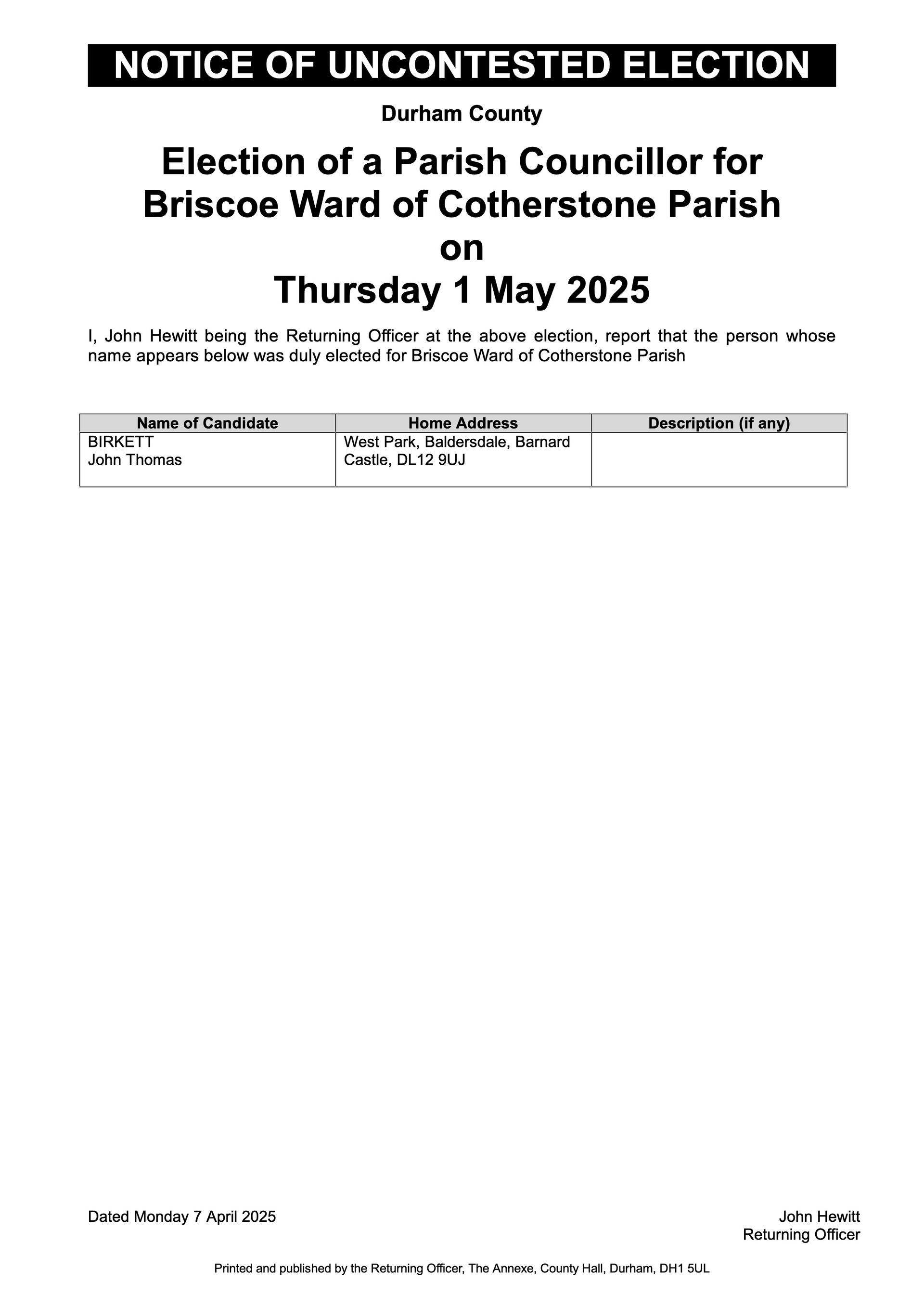 Notice of Uncontested Election on 1 May 2025