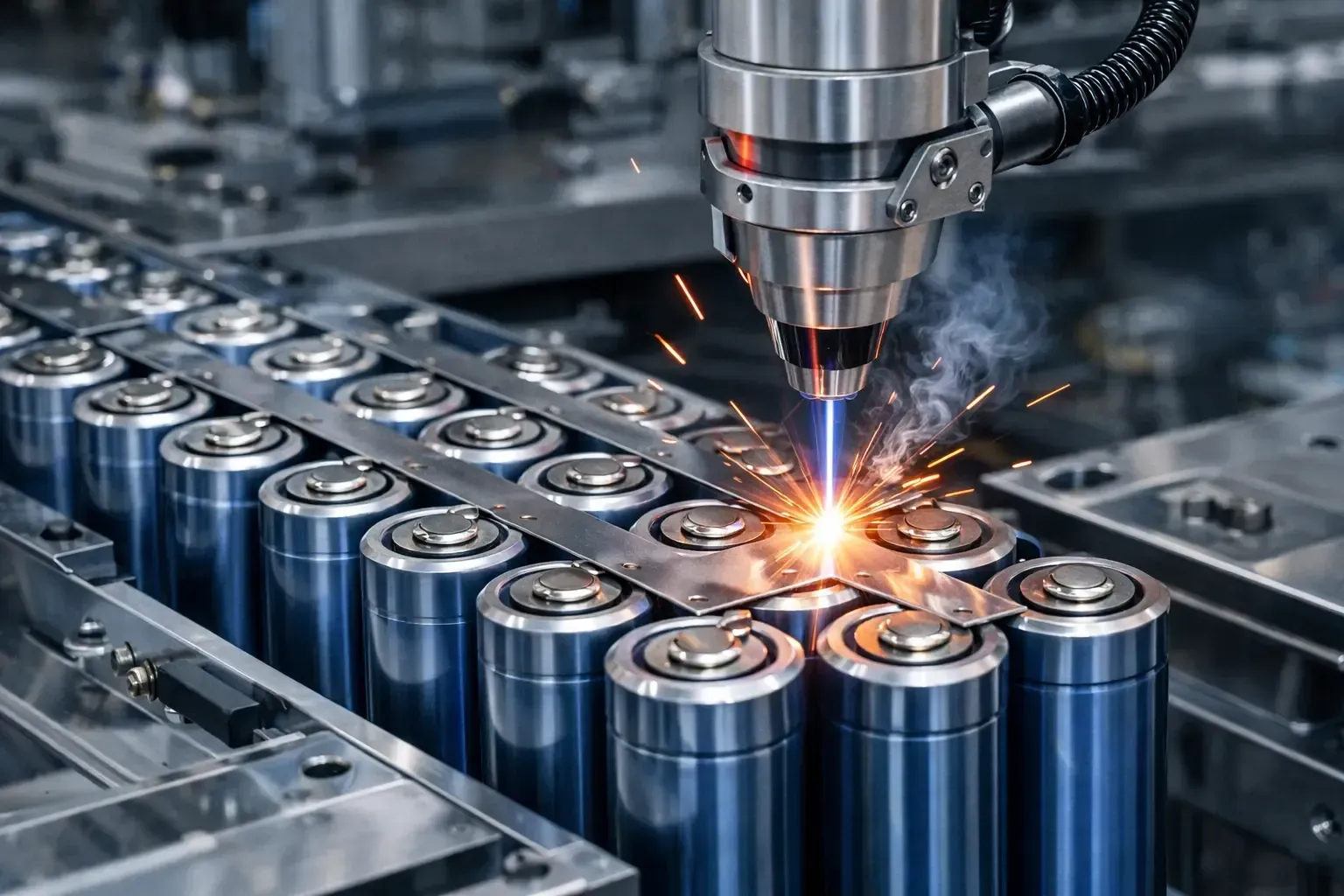Laser schweißt Metallverbinder auf zylindrischen Lithium-Ionen-Batteriezellen in einer Produktionsanlage für Batteriemodulfertigung