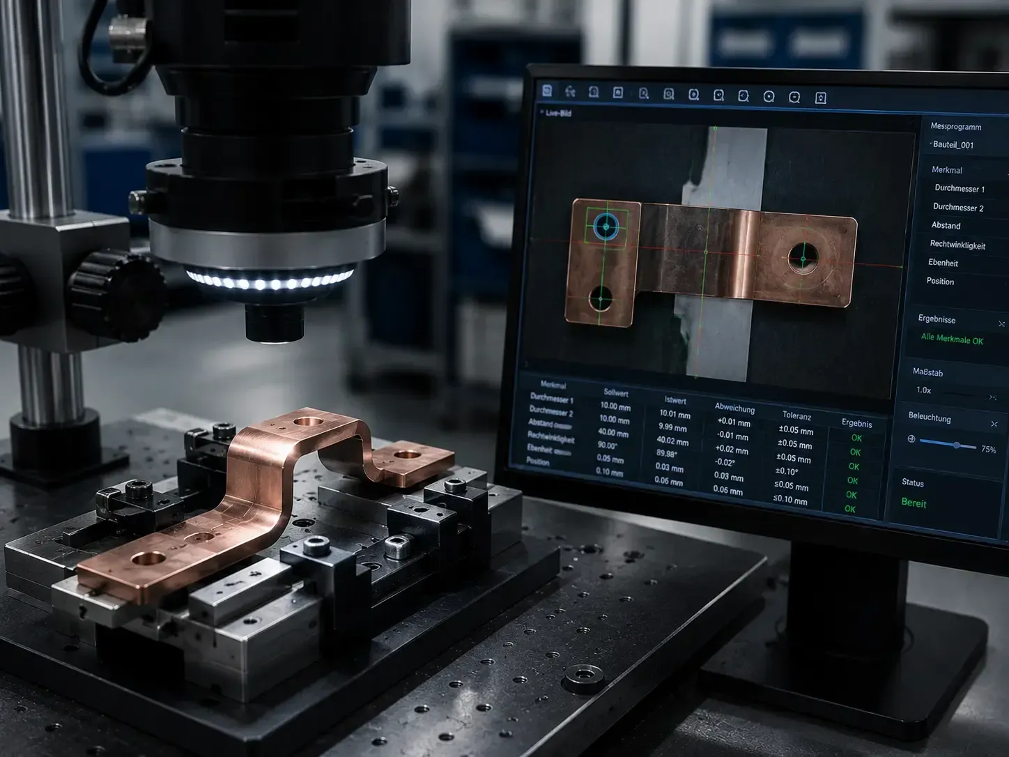 Qualitätssicherung in der laserbasierten Lohnfertigung: Optische Bauteilanalyse einer Busbar mit digitaler Vermessung.