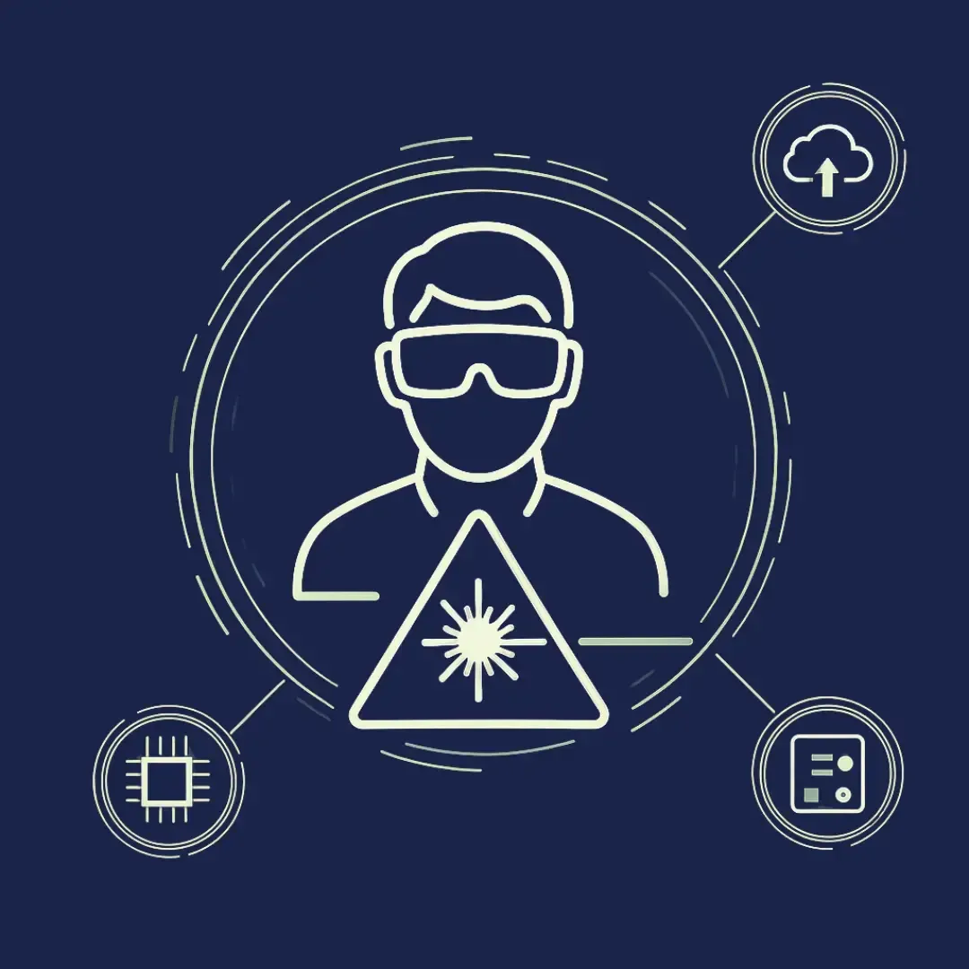 Icon mit Person und Laserschutzbrille vor Warnsymbol – Symbol für Lasersicherheit und Schutzmaßnahmen in der Lasertechnik