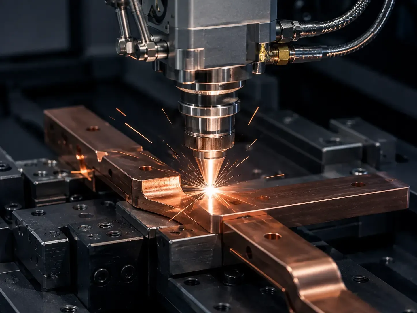 Laserstrahlschweißen von Kupfer-Busbars in der laserbasierten Lohnfertigung für industrielle Anwendungen.