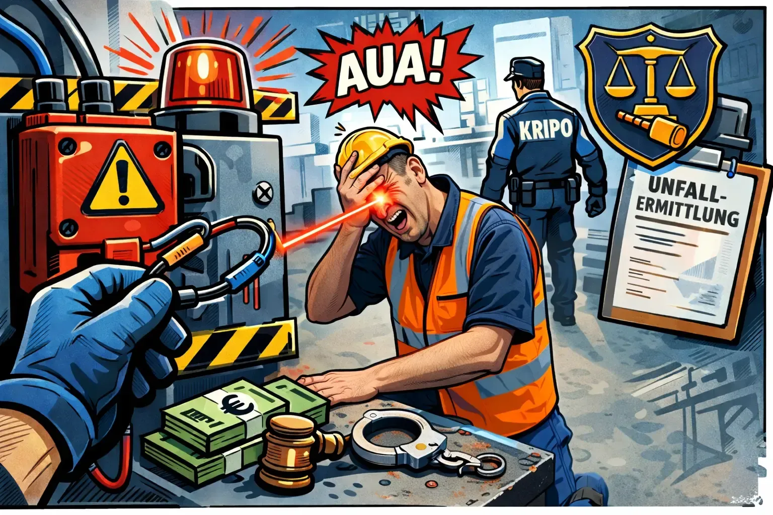 Comic-Illustration: Arbeiter wird von Laserstrahl am Auge getroffen, Polizist ermittelt zu manipulierter Sicherheitstechnik