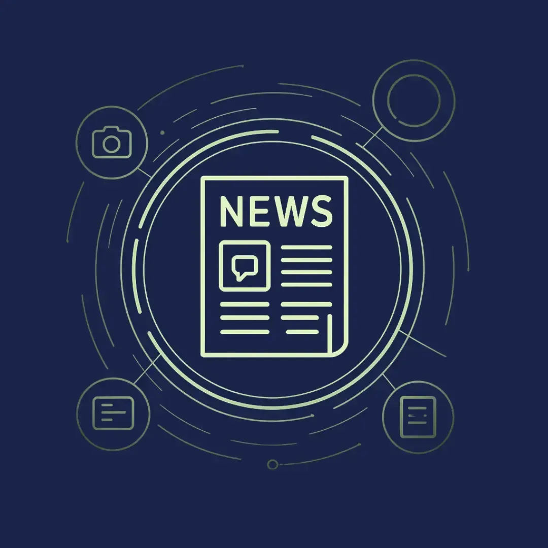 Grafische Darstellung eines Dokuments mit der Überschrift ‚News‘, umgeben von kreisförmigen Linien und Symbolen für Medien und Informationen.