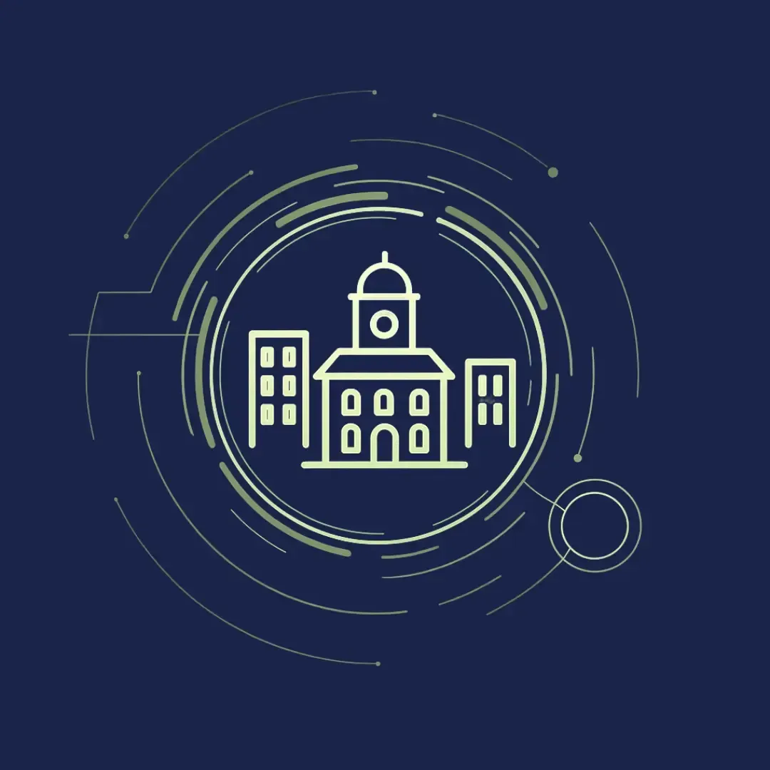 Grafische Darstellung eines zentralen Gebäudes mit Kuppel, flankiert von zwei weiteren Gebäuden, umgeben von kreisförmigen Linien und abstrakten Elementen.