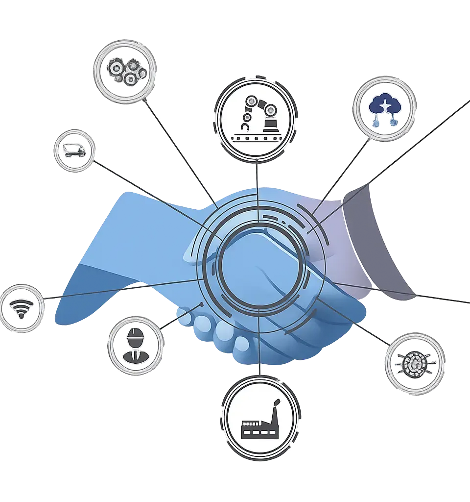 Illustration eines Händedrucks, umgeben von Symbolen für Industrie, Roboter, KI, Sicherheit und digitale Vernetzung