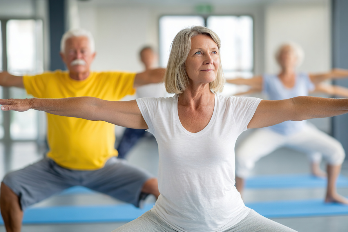 Une femme au premier plan et un homme au second plan font du yoga