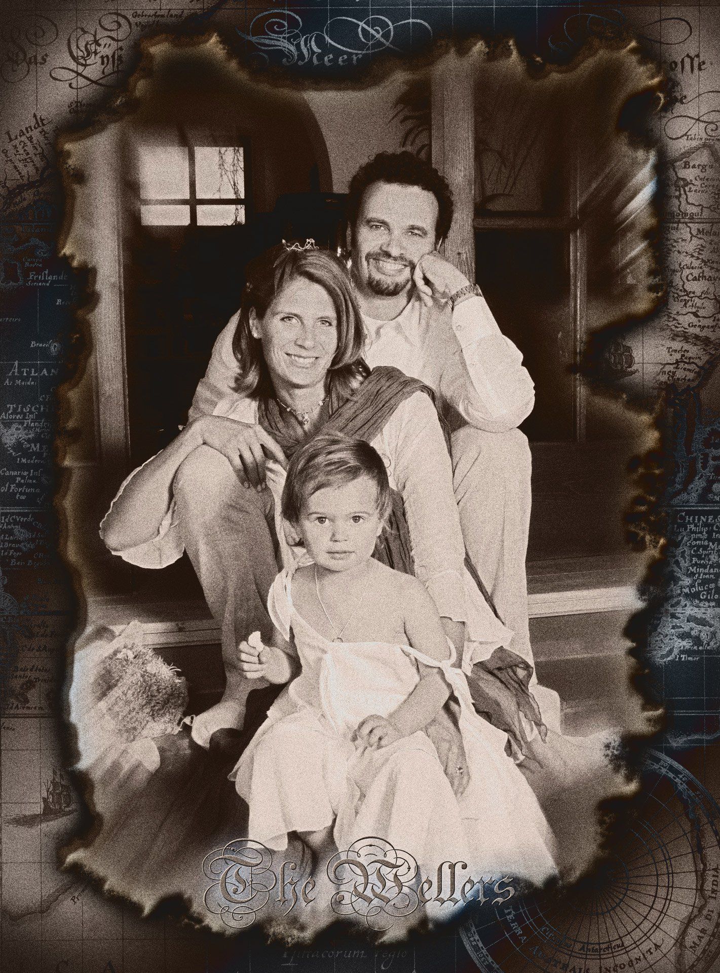 Portrait-Collage, Familie mit Weltkarte und Outline Ibiza