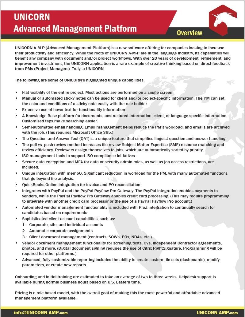UNICORN A-M-P (Advanced Management Platform): Business Management System, Translation Project Management Software, Interpretation Project Management Software, Consulting Services Project Management Software: Highlights