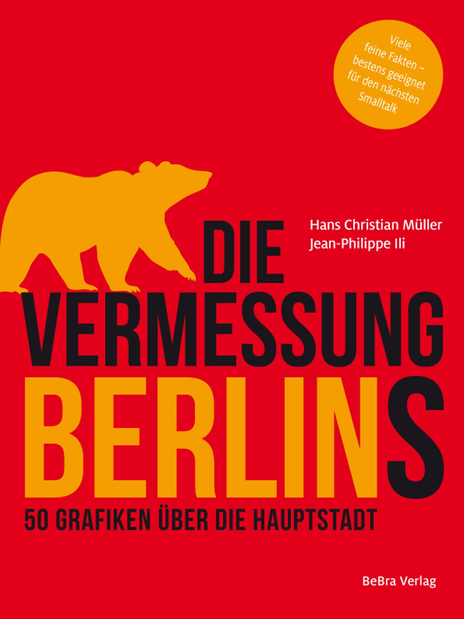 Book cover of “Die Vermessung Berlins” with red background, yellow bear illustration, title text, an