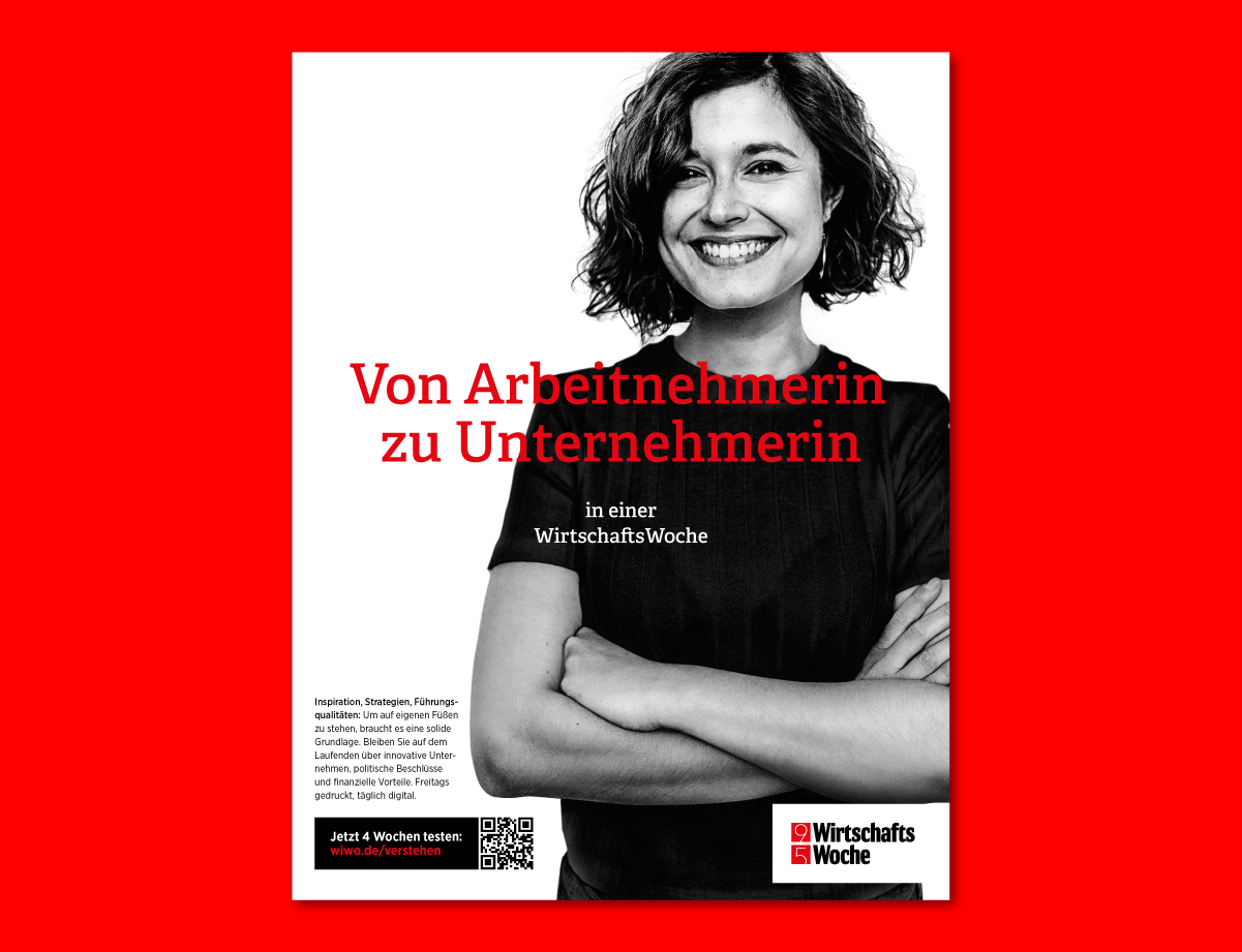 An ad for the German magazine WirtschaftsWoche showing a confident female founder