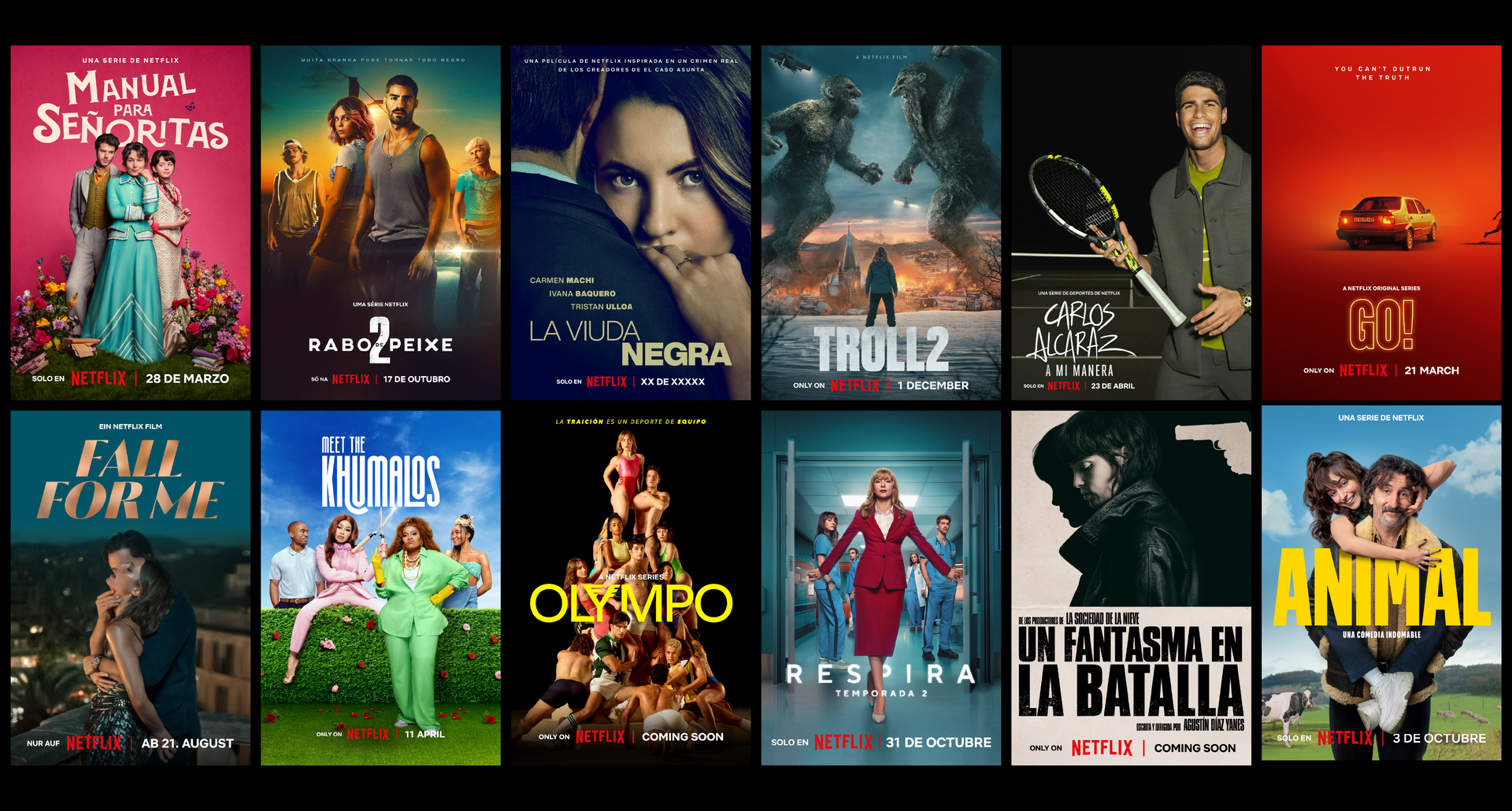 A variety of posters from Netflix productions spread out on a black background.