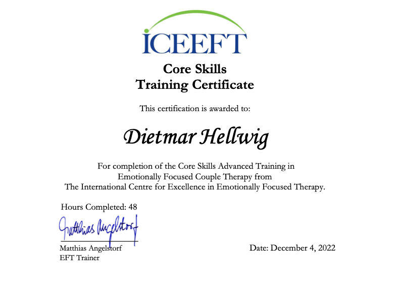 Zertifikat Dietmar Hellwig EFT Core Skills