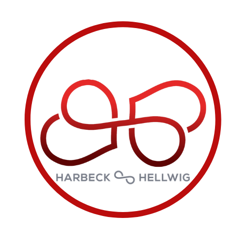 Zwei verschlungene rote Herzen in einem roten Kreis, Logo der Harbeck&Hellwig GbR