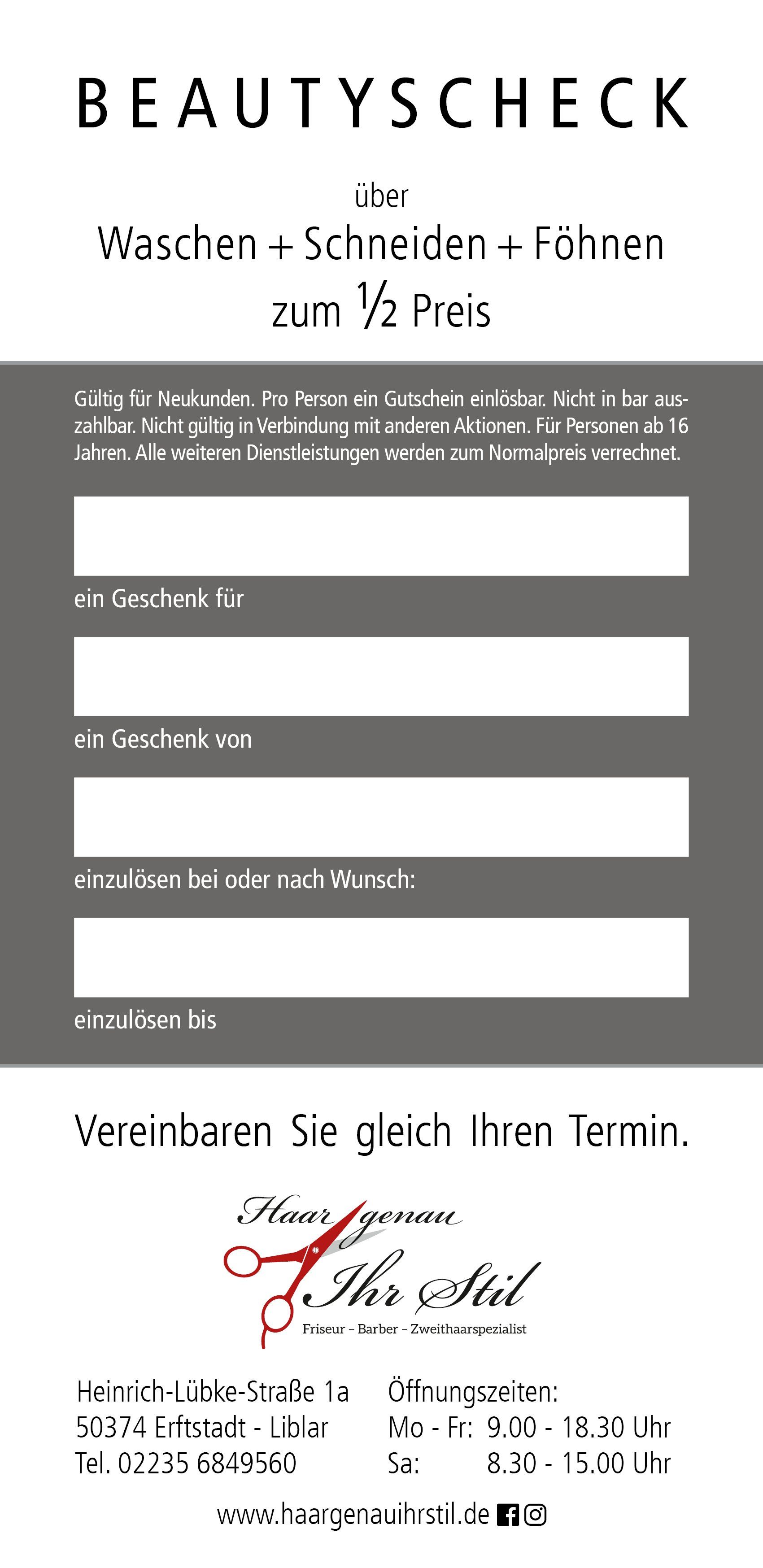 Beautyscheck für Neukunden Friseursalon Haargenau Ihr Stil in 50374 Erftstadt Liblar