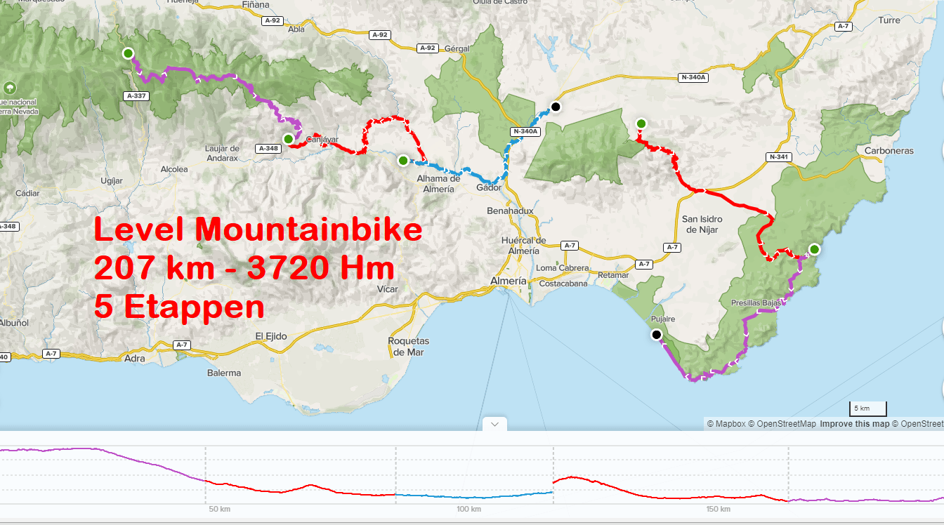 Level Mountainbike: 207 km - 3720 Hm, 5 Etappen Ruta por etapas, Etappentour, Sierra Nevada, El Desierto, Almeria , Cabo de Gata, Almeria Bike Tours