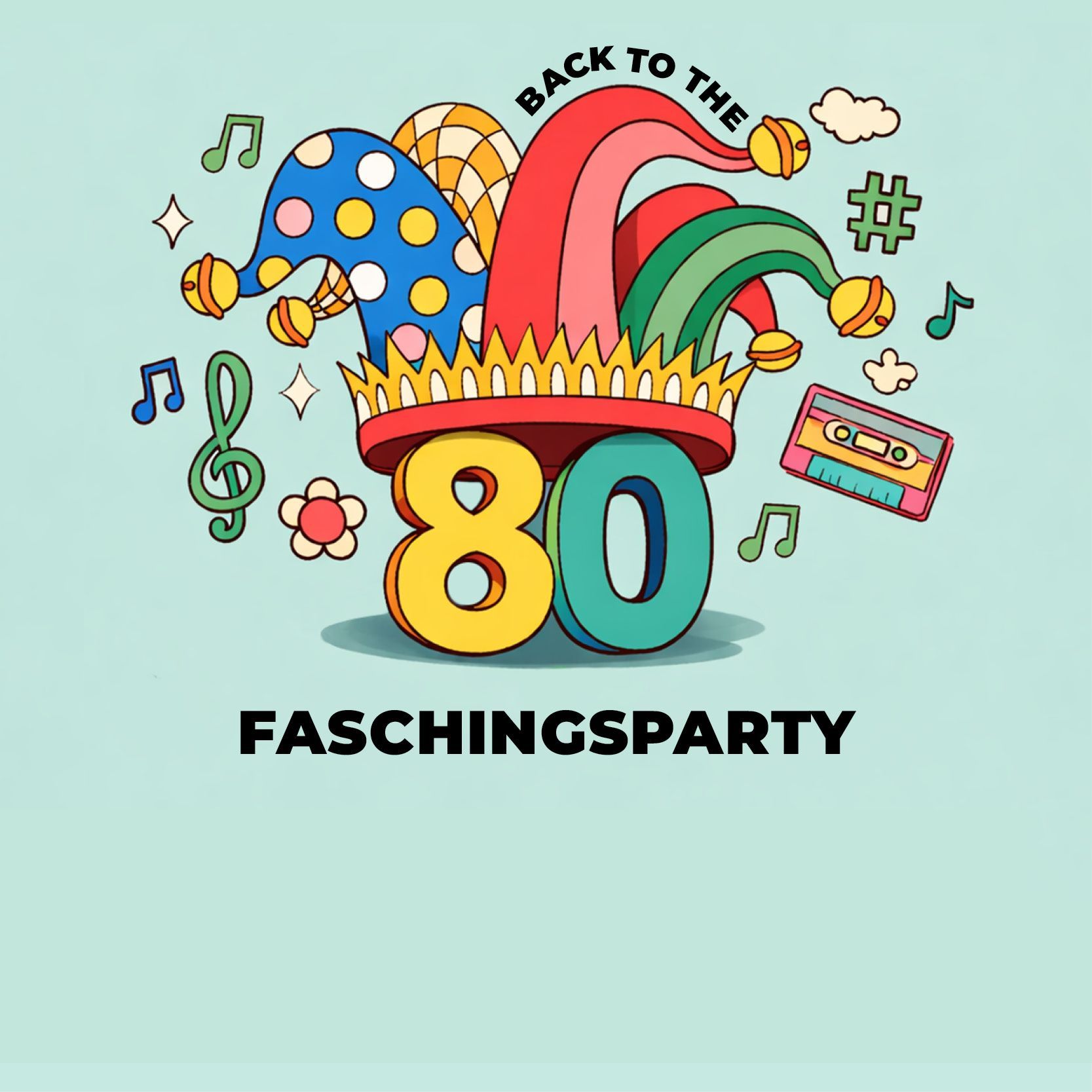 80er-Jahre-Faschingsparty in den Puchheimer Bürgerstuben am 13.02., Illustration mit Musik- und Party-Motiven