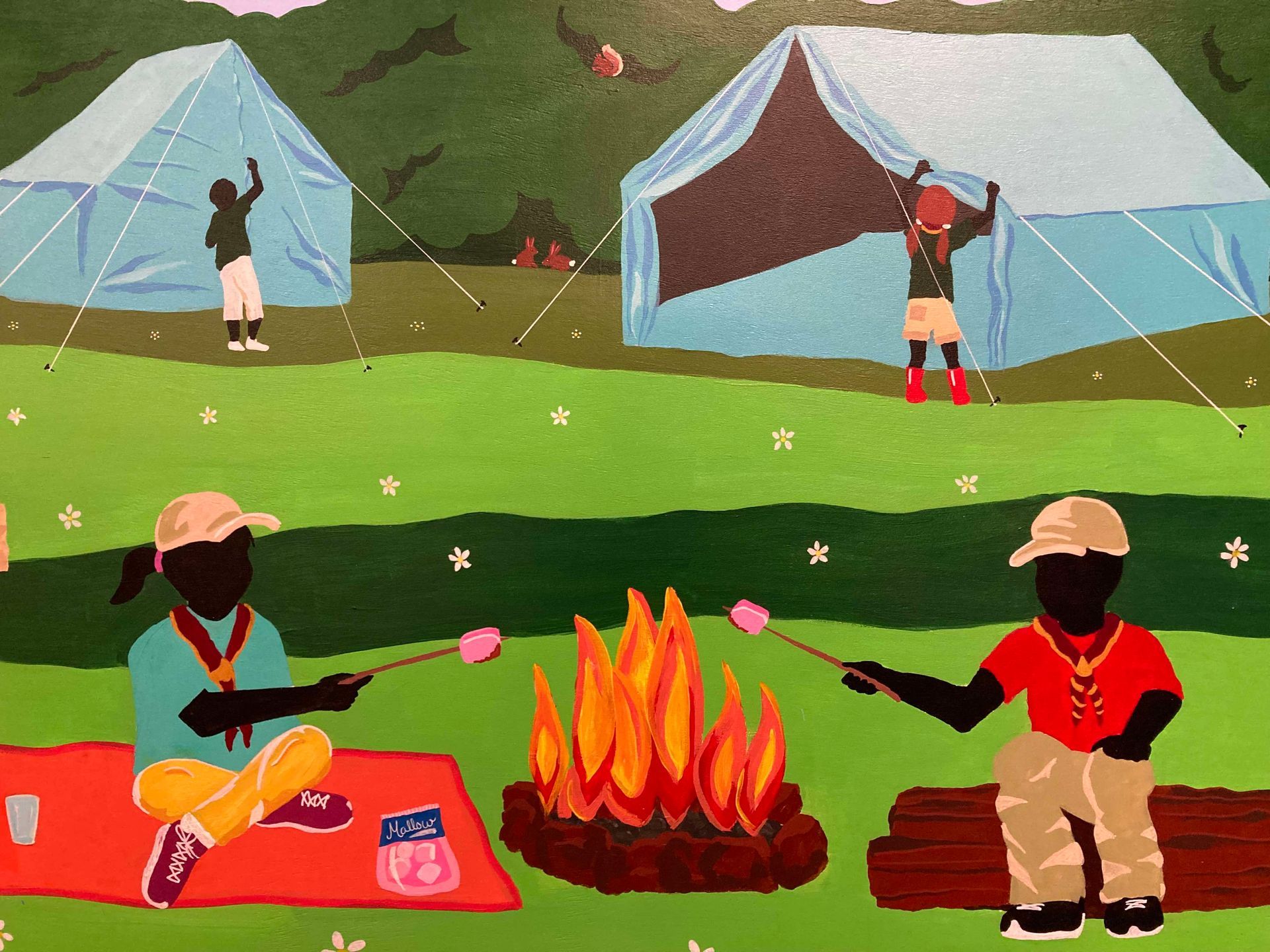 a commission for 35th Lancaster scouts. This was a large murel for the scout hut and depicts a familiar scene of boy scouts camping with tents, backpacks and toasting marshmallows over campfires. This was a hand painted murel with acrylic paints.