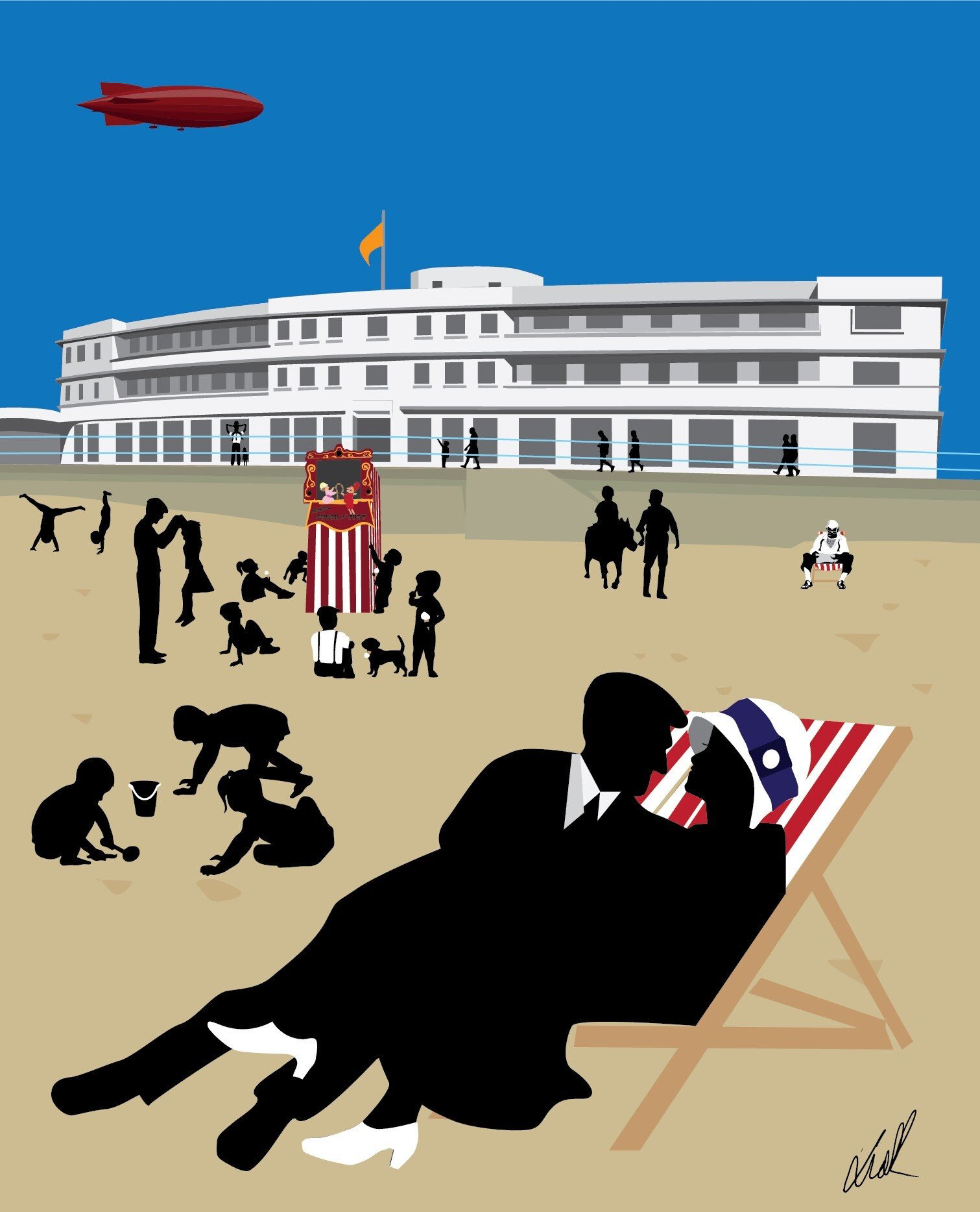 This Image Is copyright An Art Deco style flat colour art illustration of morecambe beach with the midland hotel in the background. Theres a couple in deck chairs, children making sandcastles and a puch and judy show on the beach