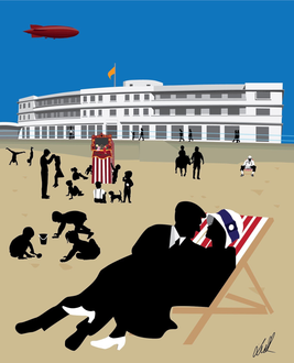 An Art Deco style flat colour art illustration of morecambe beach with the midland hotel in the background. Theres a couple in deck chairs, children making sandcastles and a puch and judy show on the beach