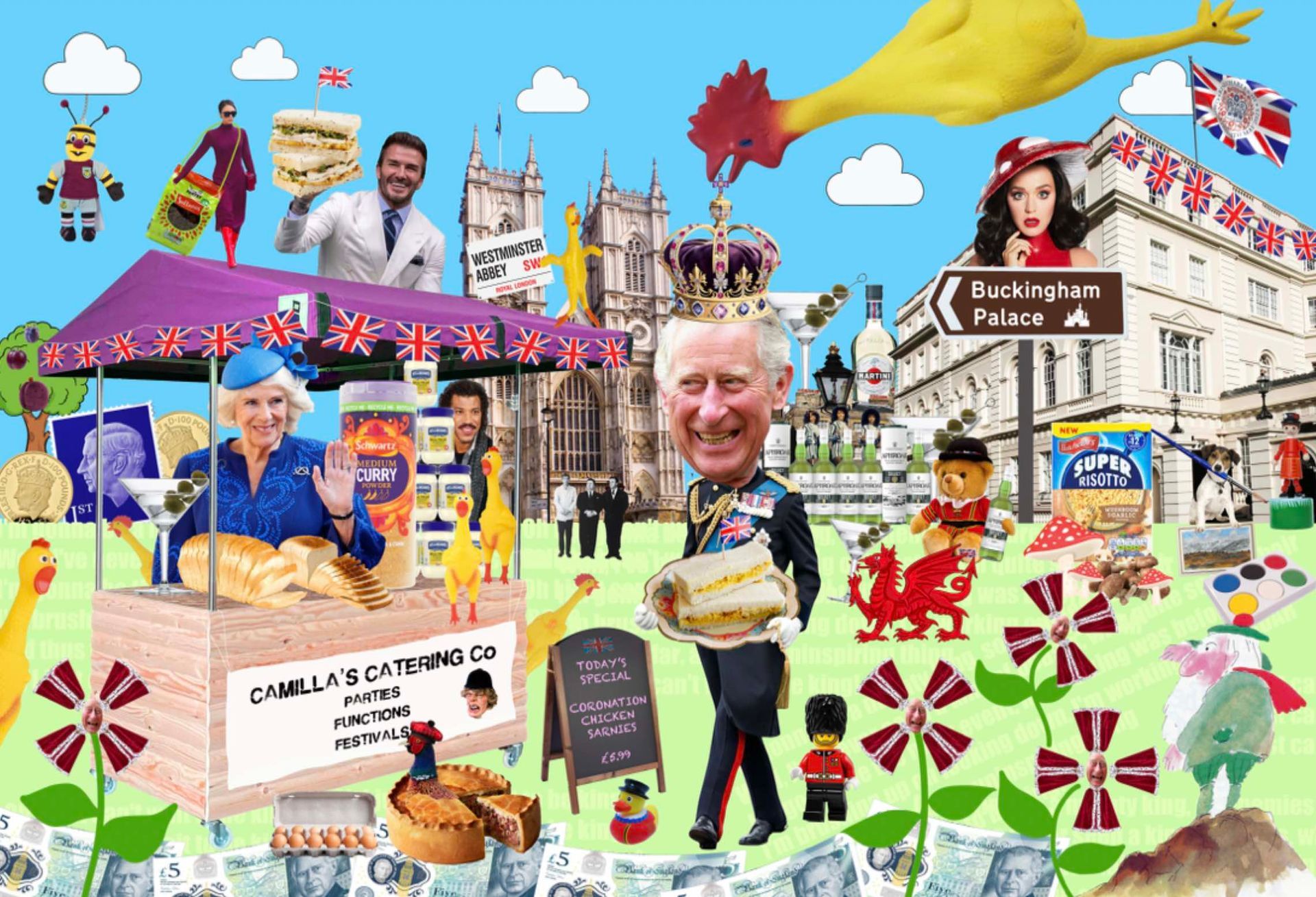 Coronation chicken sandwiches. this is a pop art style collage by lancaster artist lidia ranns of king charles coronation.