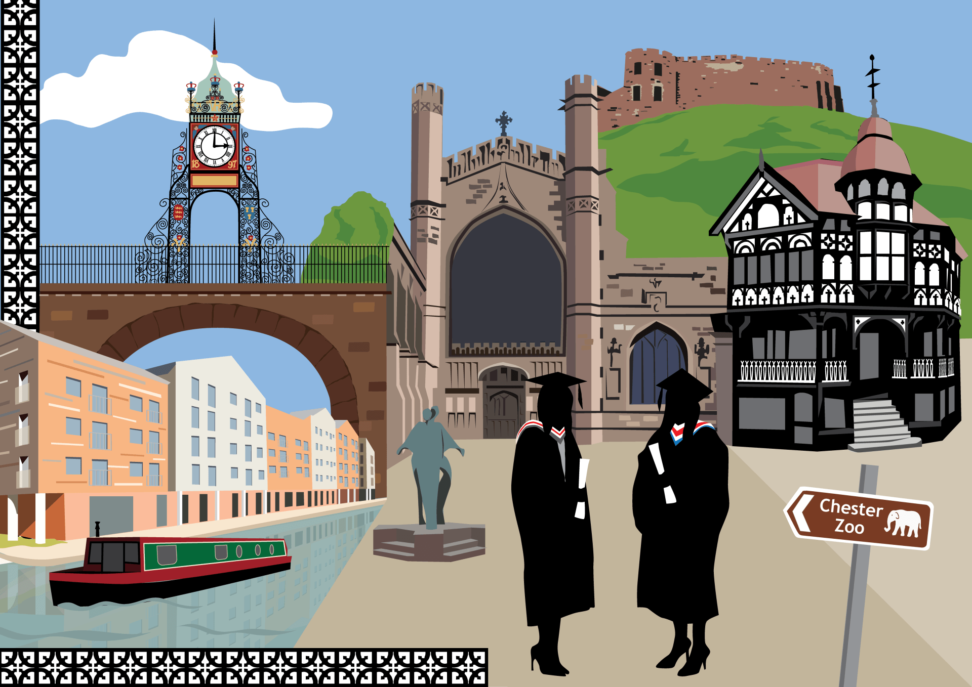 a commission for two sisters' graduation at chester university. This is a montage with many of chesters landmarks including chester castle, chester cathedral, the tudor rows in chester, chester canal with a boat near the student accomodation and the eastgate clock in chester with the two silhouettes at the foreground
