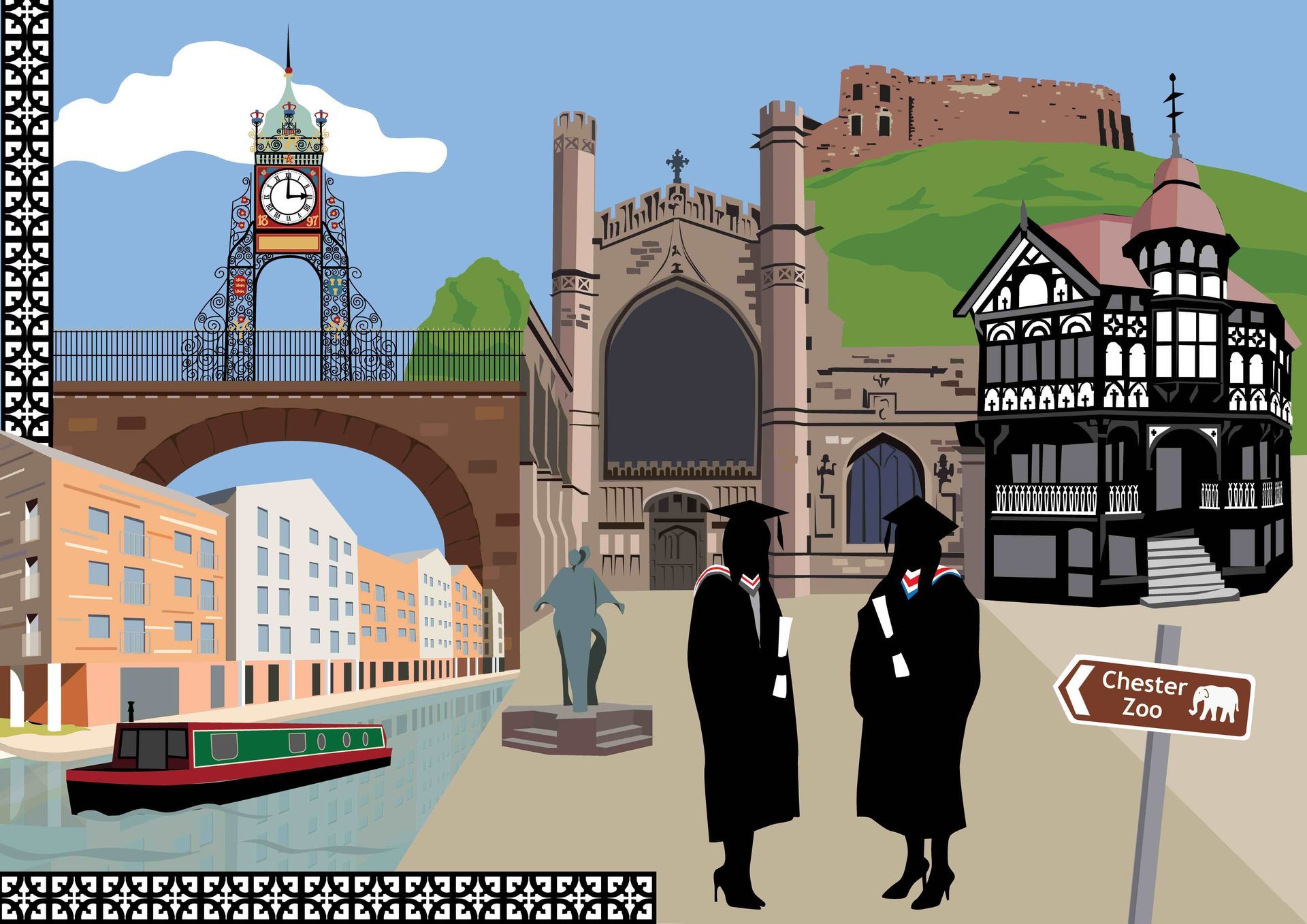 A commission for two sisters on their chester university graduation, with a graphic flat art style, in Lidia Ranns familiar silhouette style. Featuring many landmarks including the eastgate clock, chester cathedral, the tudor rows, the canal and a canal boat alongside the student accomodation, and chester castle.