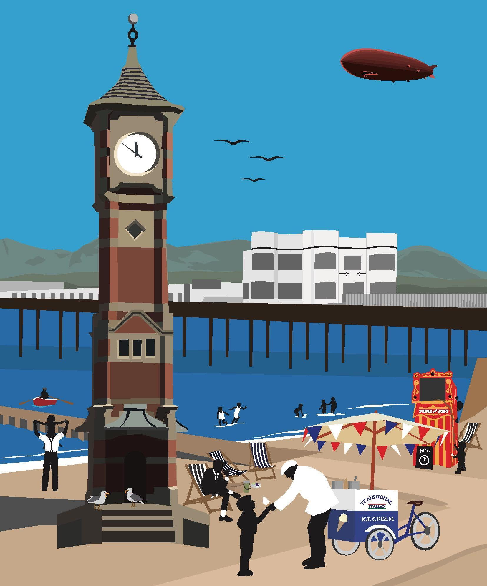 The Clock tower landmark in Morecambe depicted in and art deco style bygone era. There is an ice cream man and families playing at the beach and in the sea at morecambe bay. There's also a punch and judy show with a cheeky boy pinching sausages.