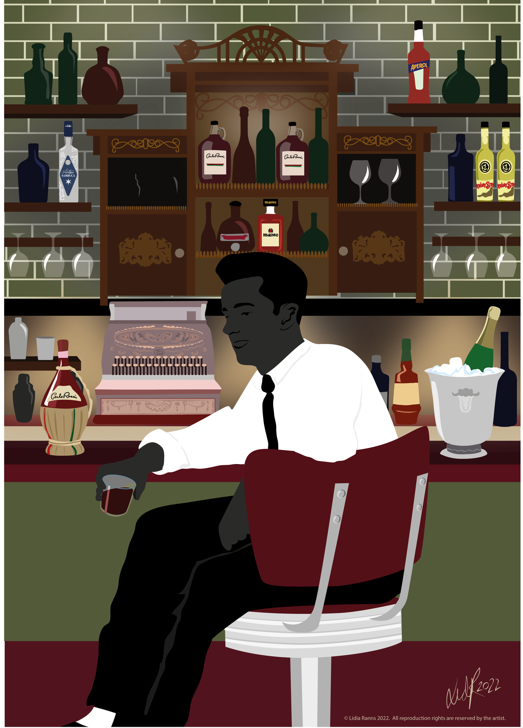 an italian gentleman sitting at a vintage style bar drinking chianti from a glass. This is a graphic illustration of Lidia ranns' silhouette style bygone work