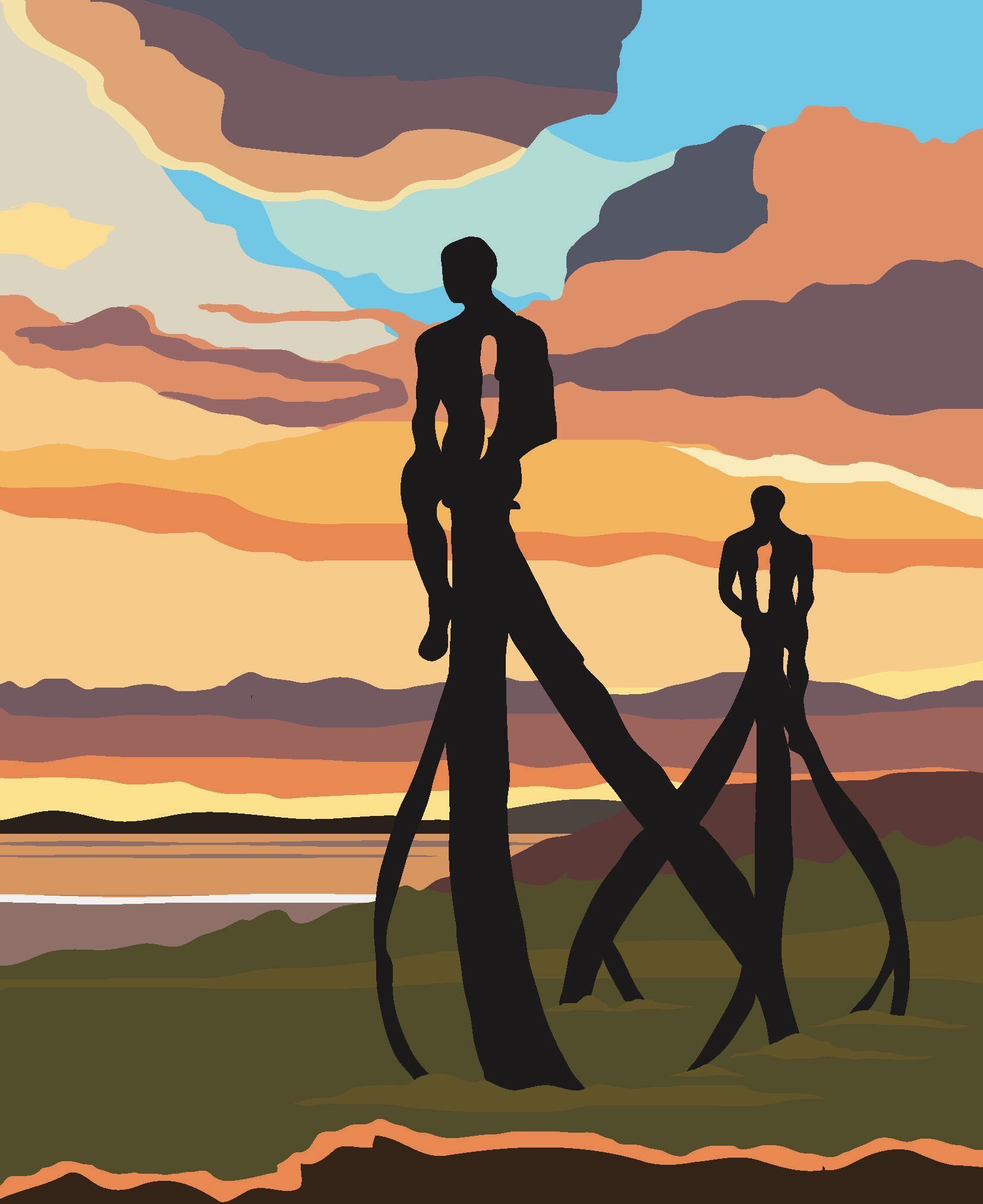 A flat colour art illustration of Half Moon Bay and The Ship sculpture by Anna Gillespie at sunset with morecambe bay in the background