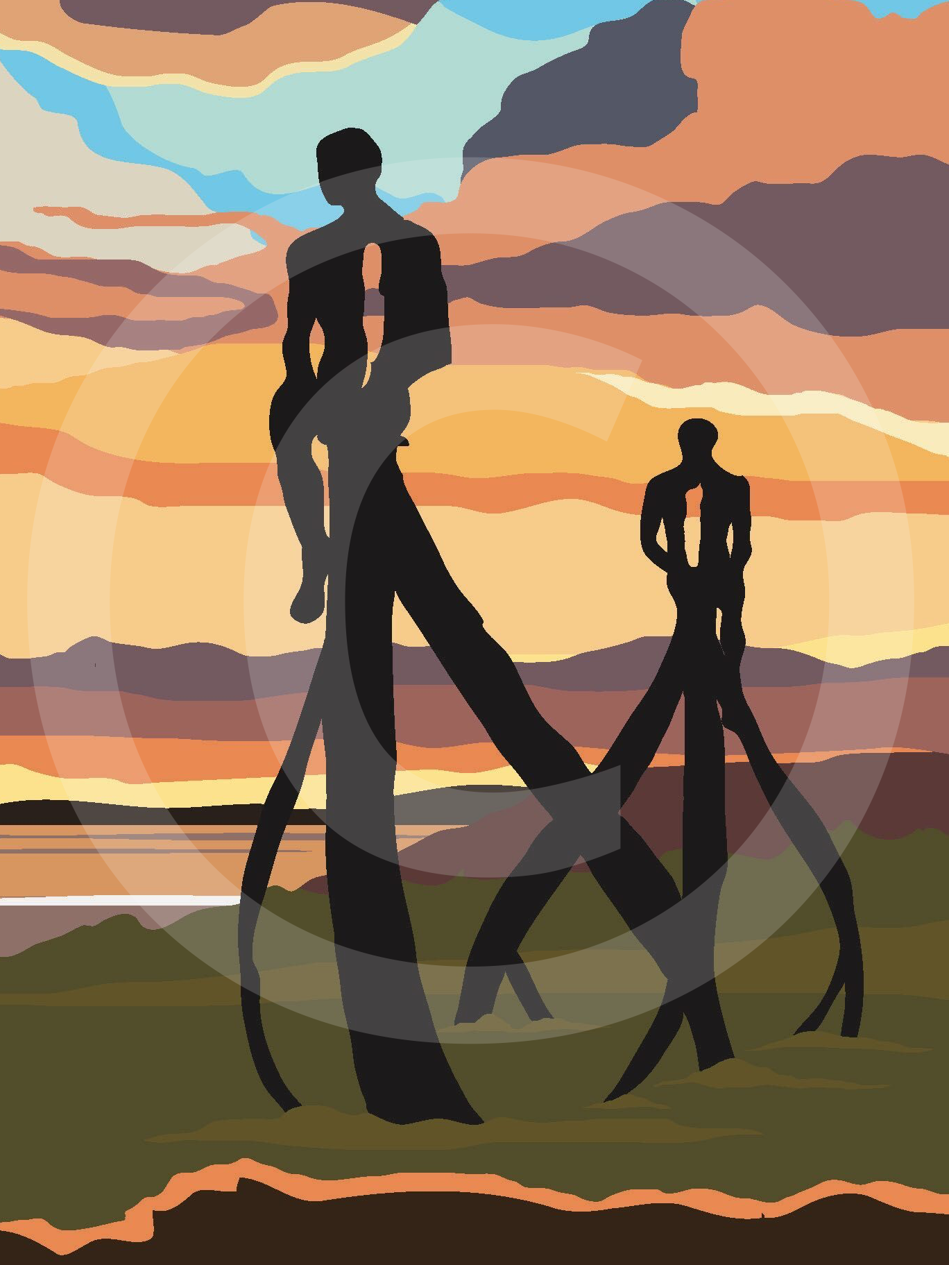 A flat colour art illustration of Half Moon Bay and The Ship sculpture by Anna Gillespie at sunset with morecambe bay in the background