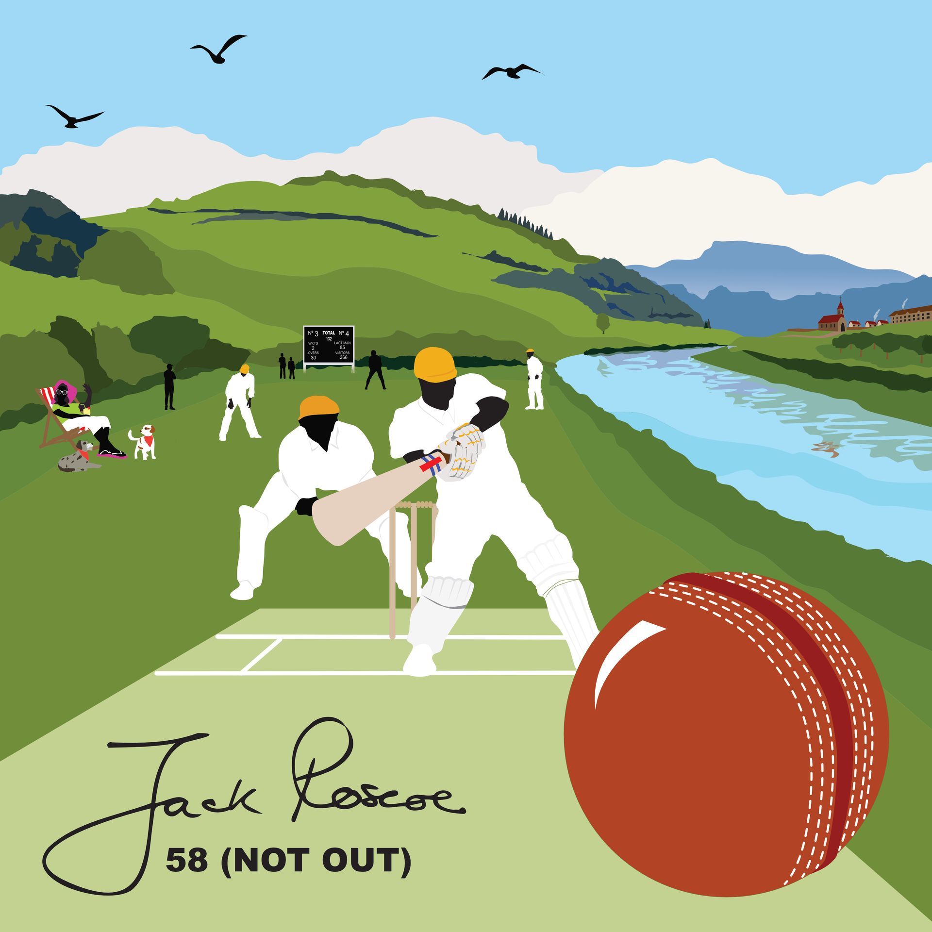 front cover design for 58 not out by jack roscoe music. This is a made up scene looking down the river lune from woodys cafe and there is a cricket match being played with spectators watching. in the distance you can see ingleborough, one of the yorkshire three peaks
