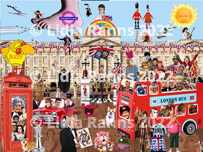 a colourful pop art style collage of Queen Elizabeth II platinum jubilee. Celebrating 70 years with 70 British icons.