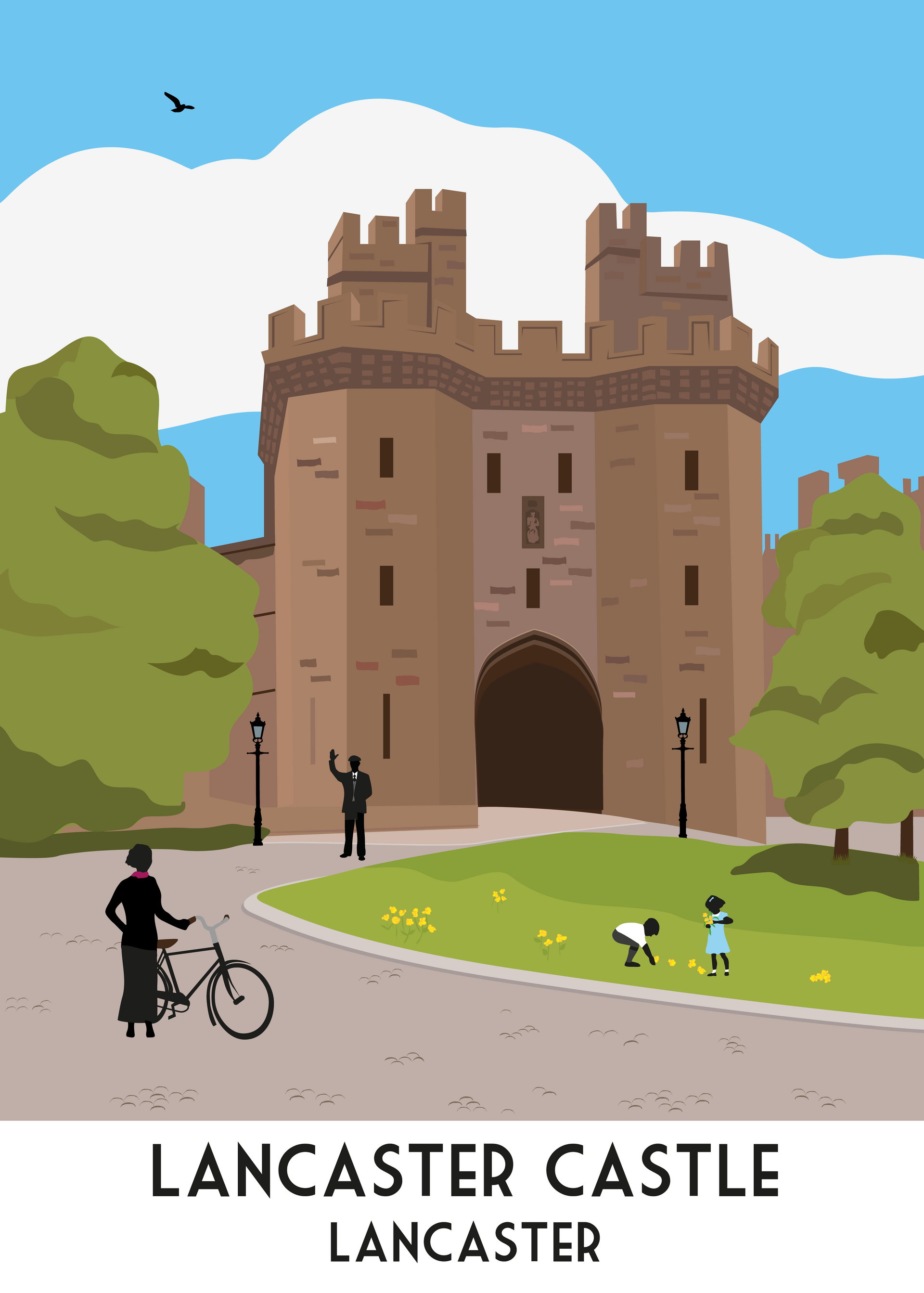 a flat colour illustration of Lancaster castle set in a bygone time. This illustration is reminiscent of the railway travel posters of the early 2oth twentieth century.