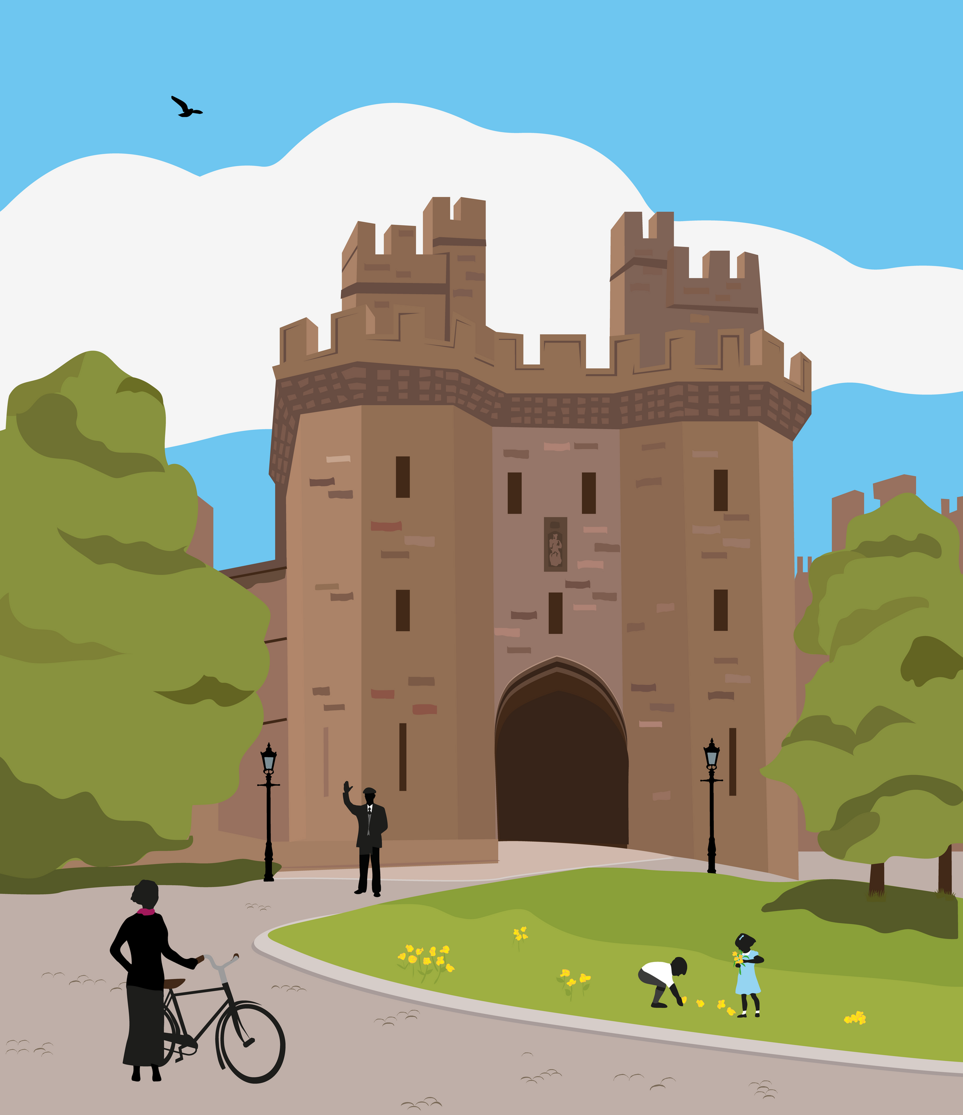a graphic illustration by lidia ranns of   the historic lancaster castle in a vintage style scene, reminisc ent of the old railway travel posters