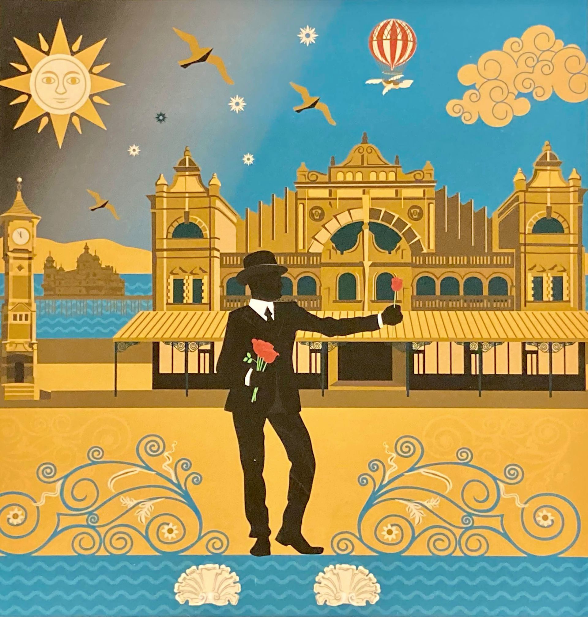 Mars 1012, a belle epoque art deco style flat art illustration. Roman god mars with an art deco twist featuring many morecambe landmarks, including the winter gardens in Morecambe, the morecambe clock tower and the central pier.