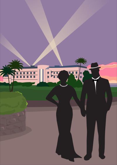 An Art Deco style flat colour art illustration of the midland hotel at sunset. the views of morecambe bay are being enjoyed by a couple in a stylised silhouette form