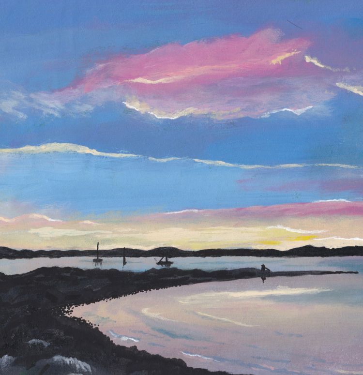 An acrylic painting of Morecambe Bay Sunset. The colours are bold and contrasty against the sunset sky.