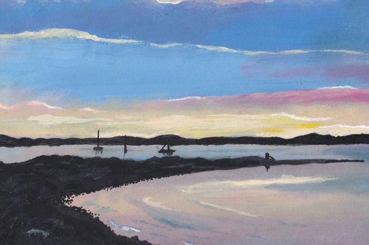 a vibrant acrylic painting of a morecambe bay sunset looking out towards the lakeland hills in the lake district