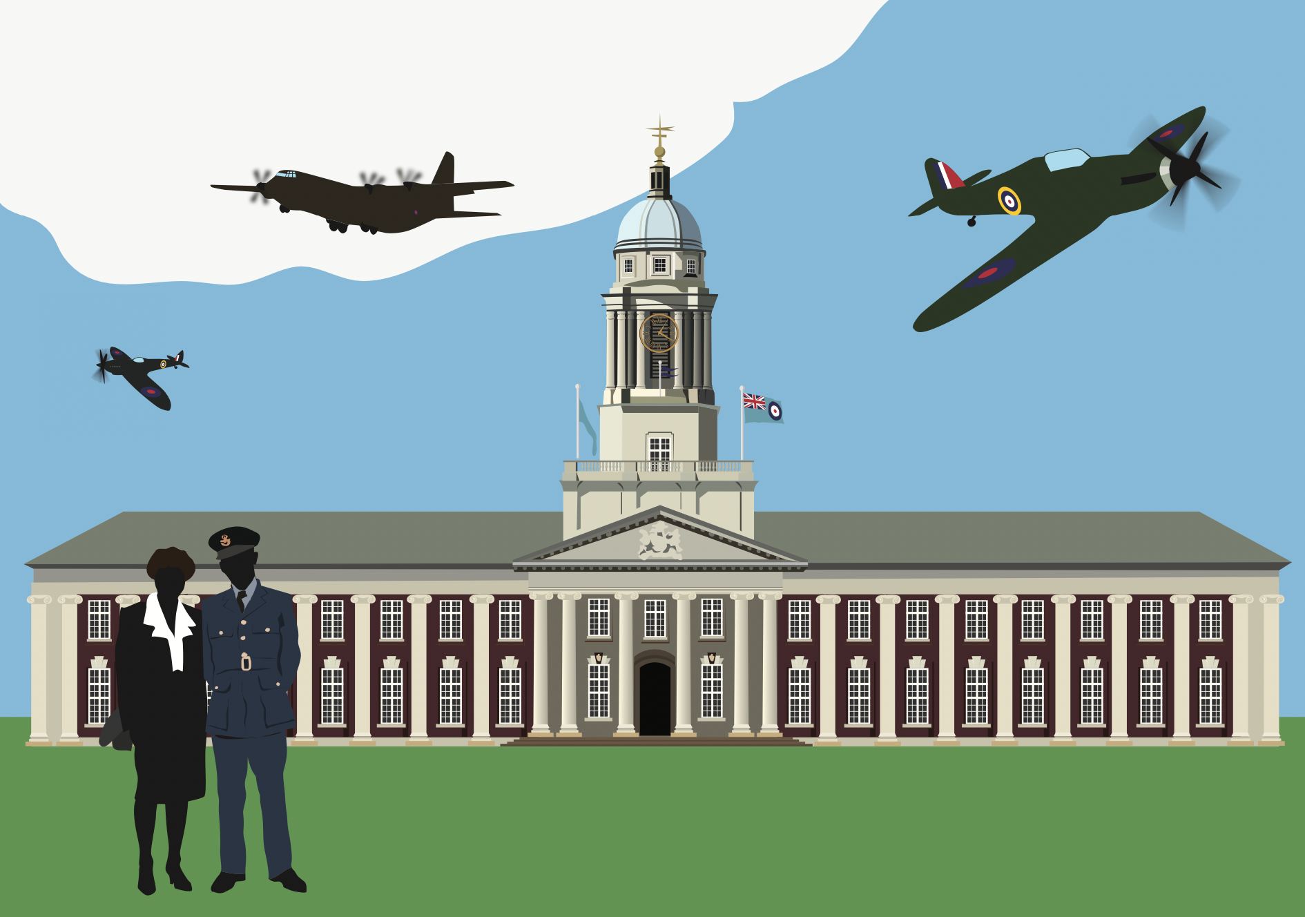 RAF College Cranwell with a silhouette style person and his mother after his graduation. This was a commission, there is a hurcules c130, a spitfire and the RAF roundel. This is a flat art illustration in a graphic style and was a commission.