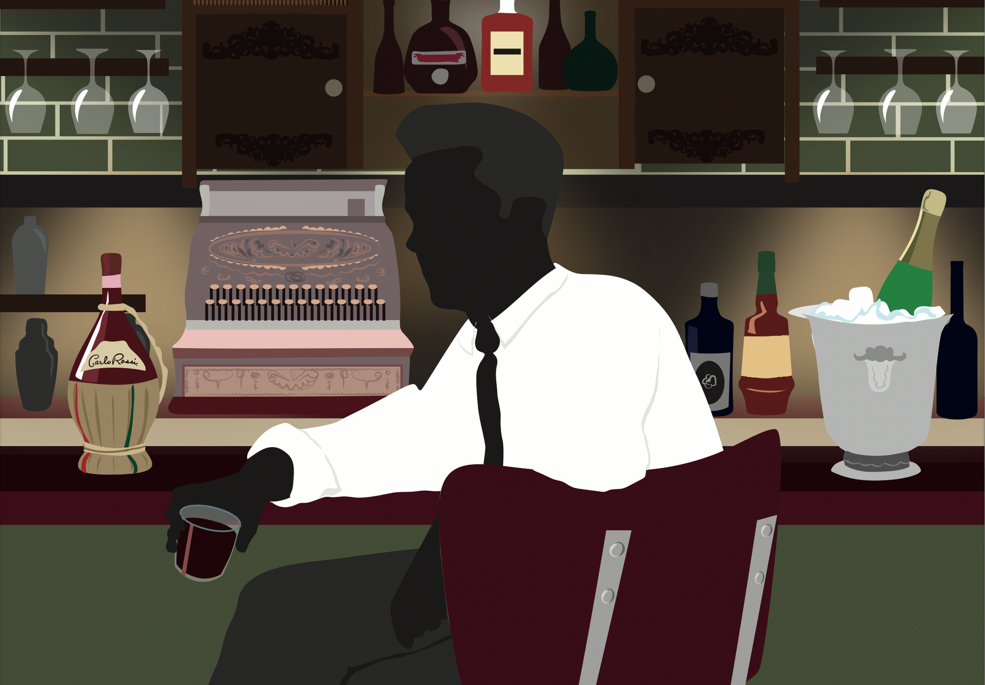 a vintage style flat art illustration of an italian man drinking chianti from a tumbler, he's sitting at a vintage style bar, and the scene is typically a 1950's vintage scene