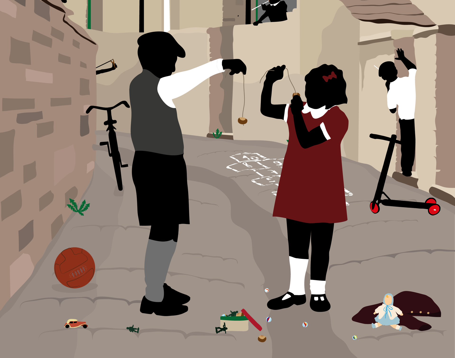 a lovely evocative scene in a graphic art style by lancaster artist lidia ranns. The scene is children playing conkers in a back alley, from a bygone time. there are pea shooters, kikes, scooters and footballs.