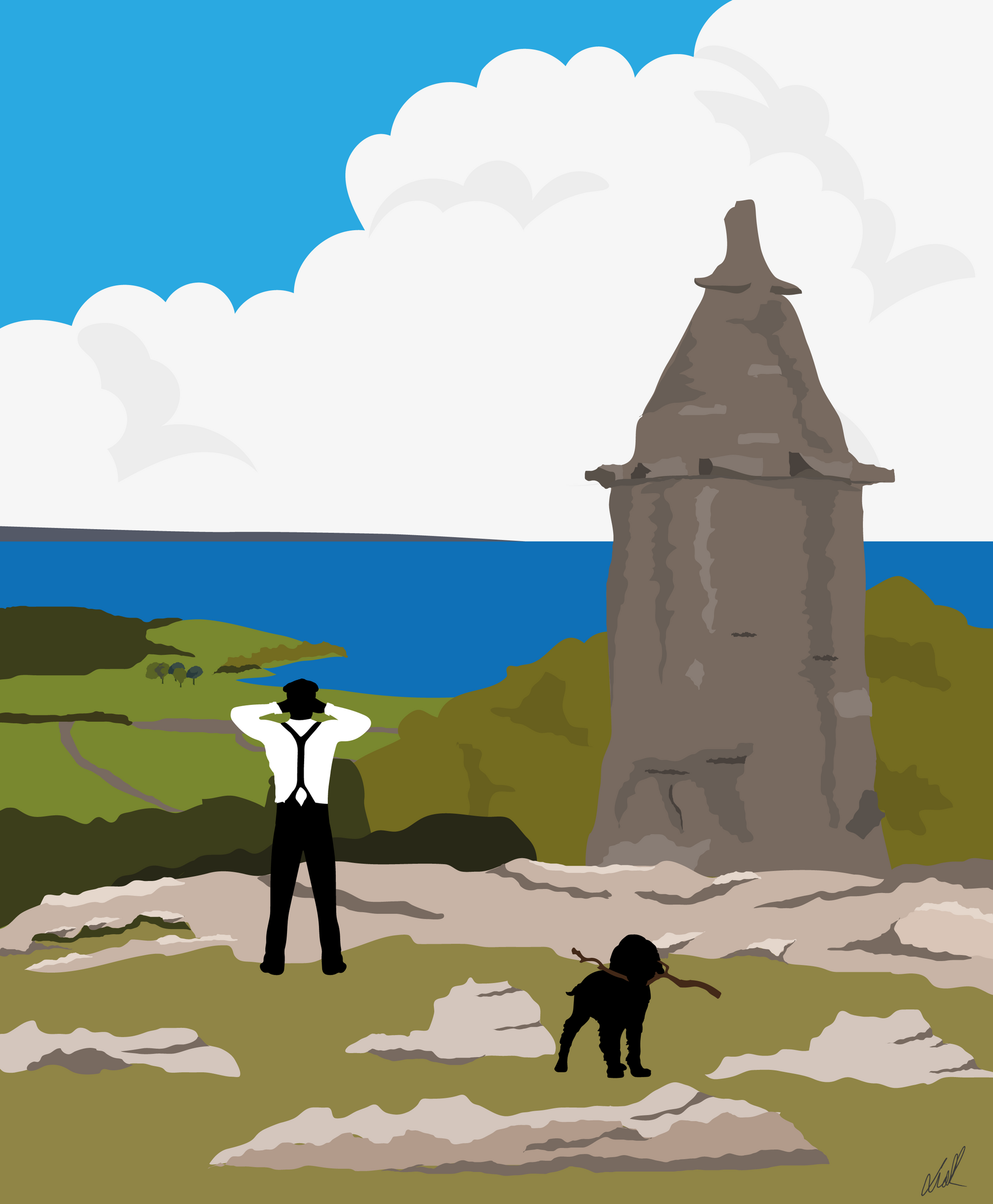 An Art Deco style flat colour art illustration of The Pepperpot in Silverdale. There's a man with a dog and he's admiring the view across morecambe bay with his binoculars.