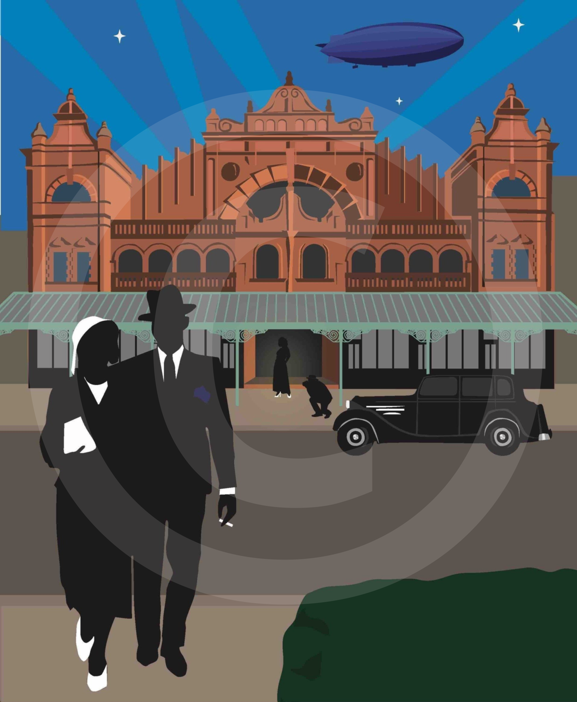 An Art Deco style flat colour art illustration of The Winter Gardens in Morecambe with a romantic couple in the foreground. There's an airship in the sky and it's lit up with light beams