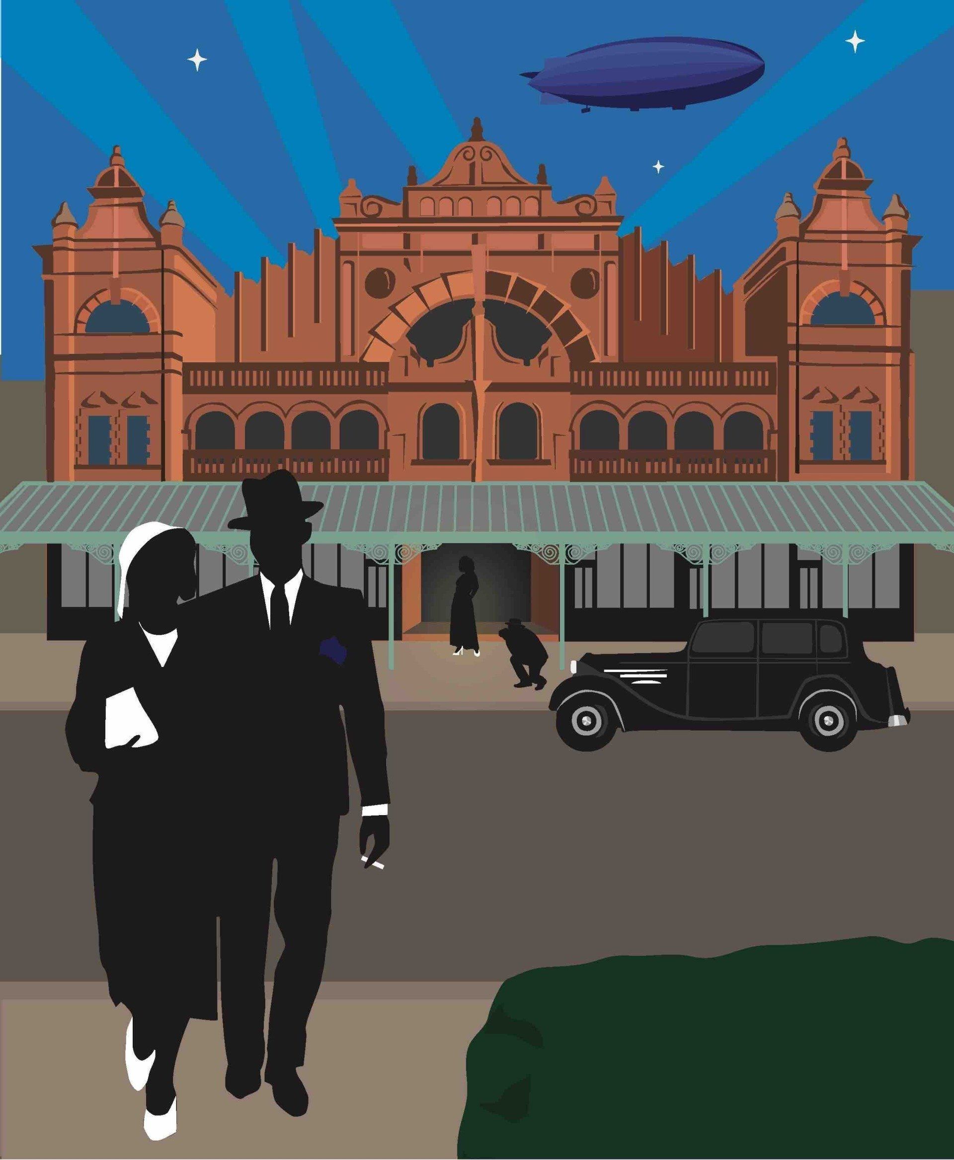An Art Deco style flat colour art illustration of The Winter Gardens in Morecambe with a romantic couple in the foreground. There's an airship in the sky and it's lit up with light beams