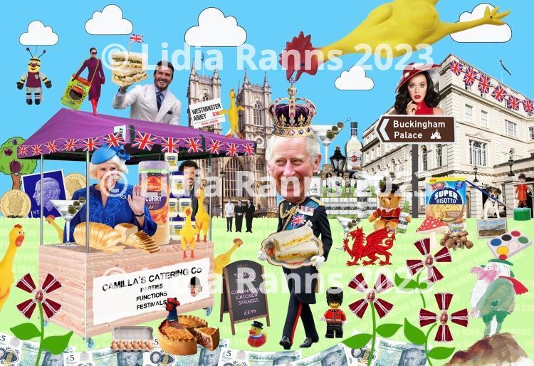 a colourful and fun pop art style collage of King Charles III coronation. Celebratinhg with coronation chicken sandwiches, and everything king Charles likes including the three degrees to his watercolour paintings and The Old Man of lochnagar.