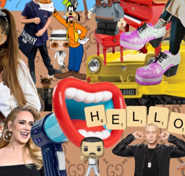 a close up of a pop art style collage of icons of the stage and screen including freddy mercury eminem and adele