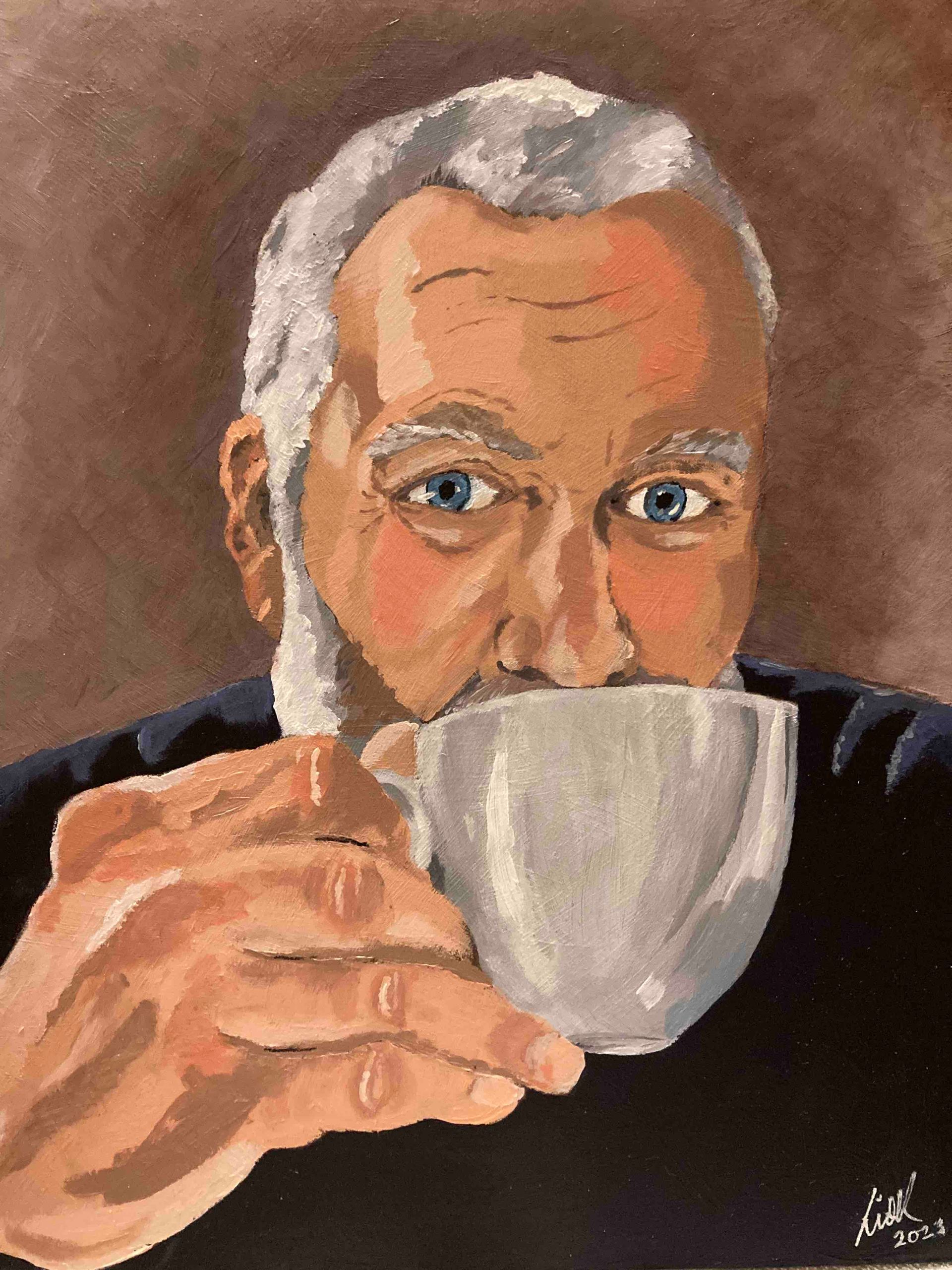 an acrylic portrait painted of a man drinking coffee. The style is quite graphic with bold brush strokes, using golden acrylic paints