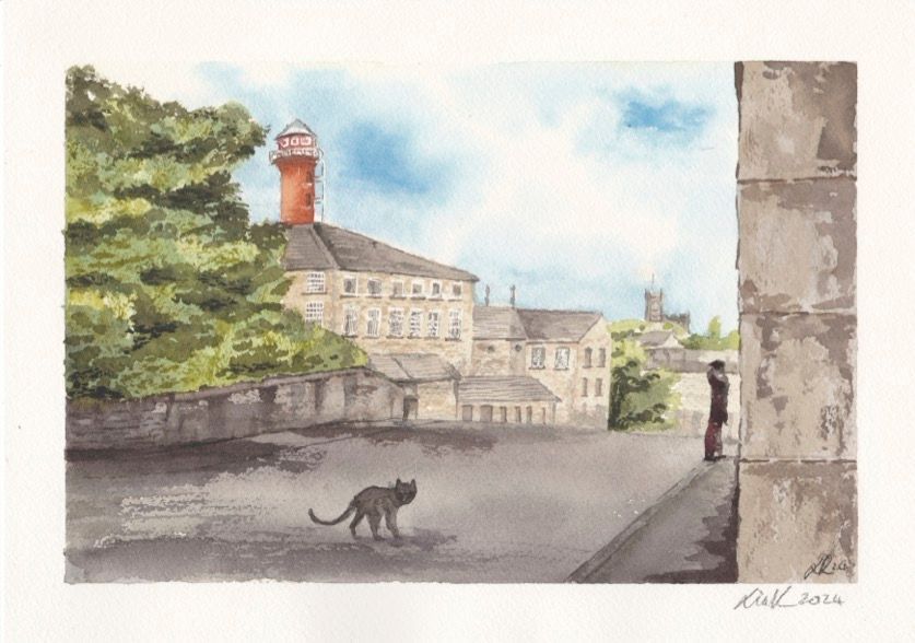 a watercolour painting looking down moor lane lancaster with the mills in view. Lancaster priory can be seen in the distance and theres a black cat crossing the road