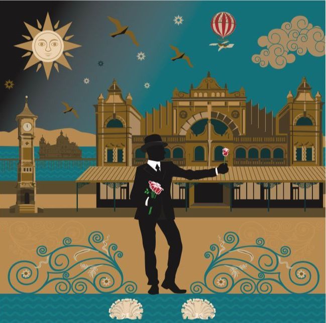 Mars 1912 is a belle epoque/art deco style. Itr shows a man stood in fron tof Morecambes Winter Gardens among other landmarks